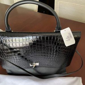 Authentic Givenchy Calfskin Crocodile Embossed Medium Shark Lock Satchel Black